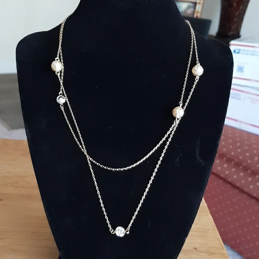 Vintage long gold necklace with faux pearls and crystals